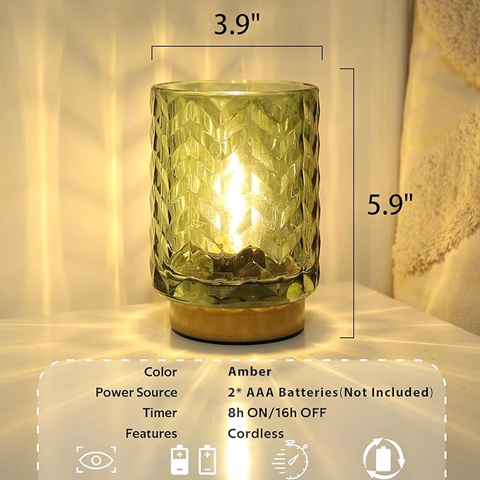 LUSHARBOR Battery Operated Lamp with Timer, Small Table Lamp with LED Bulb, Glass Cordless Lamps Beside Table Light for Living Room, Bedroom, Entryway Wave Design-Green