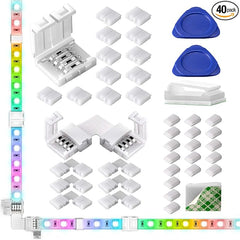 Jin&Bao LED Strip Light Connectors Kit - 10mm 4 Pin RGB Connectors, 12 Gapless, 6 Corner, 20 Wire Clips and Open Tool for 5V-24V LED Strips