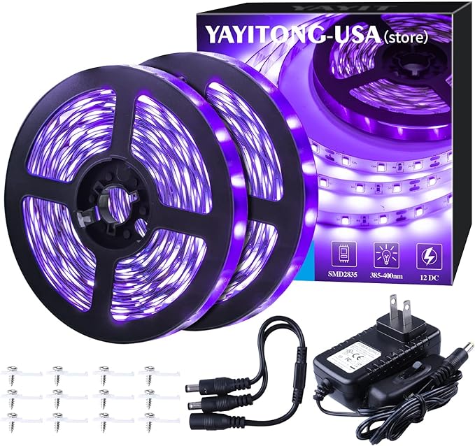 YAYIT 40 Foot Led Black Light Strip Kit, 720 Units Led, 12V Flexible Blacklight Fixtures, Non-Waterproof