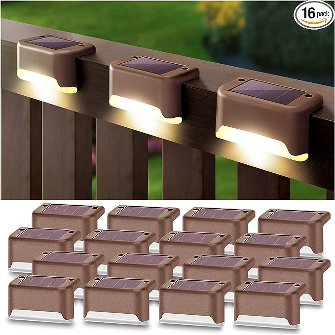 DenicMic 16 Pack Fence Post Solar Lights for Patio Pool Stairs Step and Pathway, Weatherproof LED Deck Lights Solar Powered Outdoor Lights (Warm White)