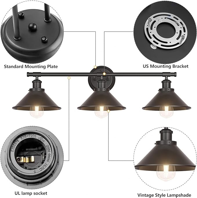 Licperron 3-Light Black Bathroom Vanity Light Fixtures Over Mirror, Farmhouse Vanity Wall Sconce Lighting with Metal Shade, Indoor Wall Mounted Lamp for Bathroom Mirror Cabinet Living Room