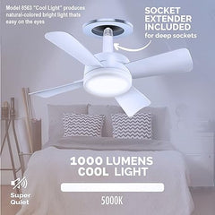 Socket Fan Cool Light E26/E27 Base, Cordless/Wireless with 15.75” Fan and 1,000 Lumen/5,000 Kelvin LED Bulb/Ceiling Fan Replacement for Bedroom, Living Room, Kitchen, Balcony