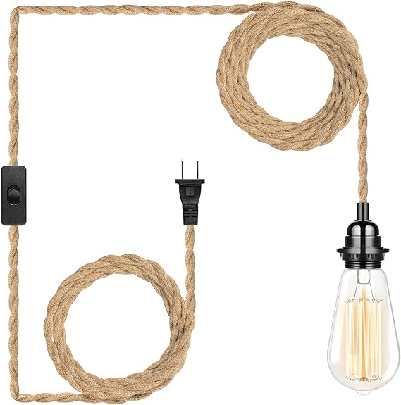 Plug in Hanging Light Fixture, 15FT Pendant Lamp Lights Cord with Switch Cord E26 Bulbs Socket, Industrial DIY Twisted Hemp Rope Overhead Lamps for Farmhouse Bedroom Home Lighting Decors