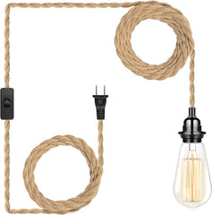 Plug in Hanging Light Fixture, 15FT Pendant Lamp Lights Cord with Switch Cord E26 Bulbs Socket, Industrial DIY Twisted Hemp Rope Overhead Lamps for Farmhouse Bedroom Home Lighting Decors