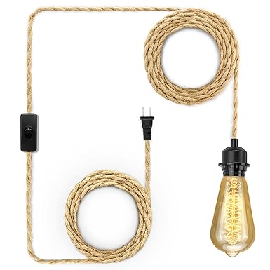 LYOOWNG Plug in Pendant Light Cord, Farmhouse Pendant Lighting Kit, 15FT Hemp Rope Plug in Hanging Light Cord Kit with On/Off Switch, E26 E27 Light Socket Cord for Hanging Light