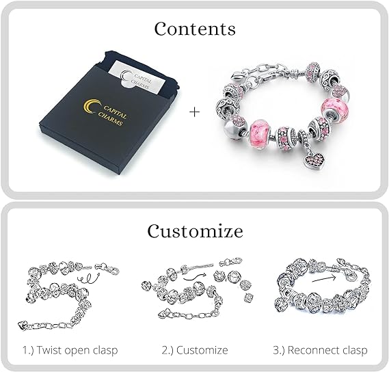 Capital Charms Pink Hearts Silver Plated Charm Bracelet Set, Jewelry Gifts with Beads, Charms, and Adjustable Snake Chain, Fits 7.5"+1.5"