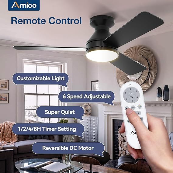 Amico Ceiling Fans with Lights, 42 inch Low Profile Ceiling Fan with Light and Remote Control, Flush Mount, Reversible, 3CCT, Dimmable, Noiseless, Black Ceiling Fan for Bedroom, Indoor/Outdoor Use