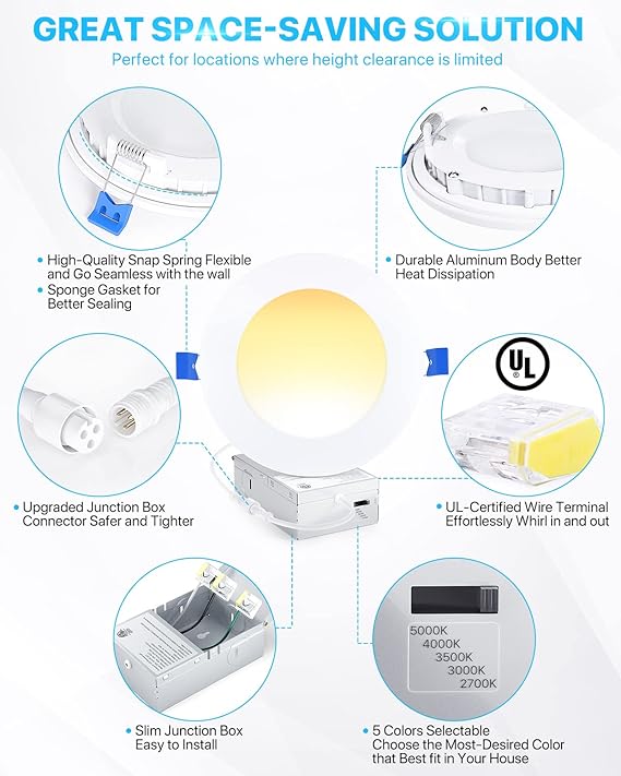 Ensenior 24 Pack 6 Inch Dimmable Can-Killer Downlight, 5CCT Ultra-Thin LED Recessed Lighting with Junction Box, 1050LM High Brightness, 2700K-5000K Selectable, 12W 110W Eqv - ETL