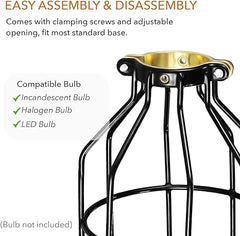 Simple Deluxe 1-Pack Adjustable Industrial Clamp on Metal Bulb Guard Cage for Pendant, Farmhouse Light Fixture, Vintage Lamp Shades and Hanging Lamp, Black