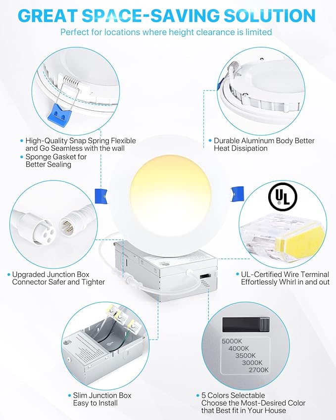 Ensenior 6 Pack 6 Inch Ultra-Thin LED Recessed Ceiling Light with Junction Box, 2700K/3000K/3500K/4000K/5000K Selectable, 12W 110W Eqv, Dimmable, 1050LM High Brightness - ETL and Energy Star