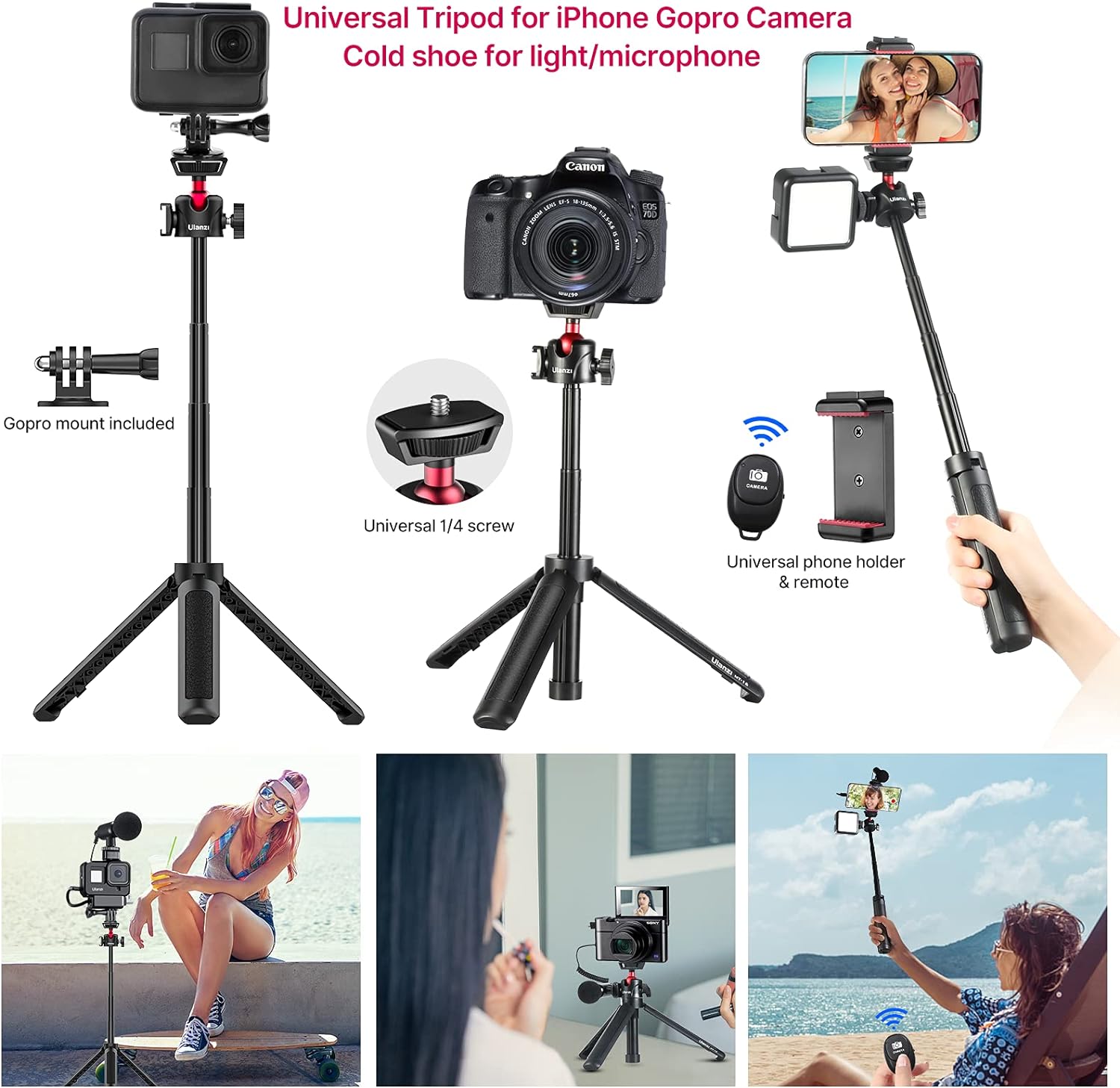 Camera Phone Tripod Flexible for Gopro - Mini Desktop Table Tripod Extendable Handle Selfie Stick Phone Hot Shoe Mount Remote Shutter Vlog Kits for Sony iPhone Gopro Hero Black