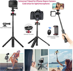 Camera Phone Tripod Flexible for Gopro - Mini Desktop Table Tripod Extendable Handle Selfie Stick Phone Hot Shoe Mount Remote Shutter Vlog Kits for Sony iPhone Gopro Hero Black