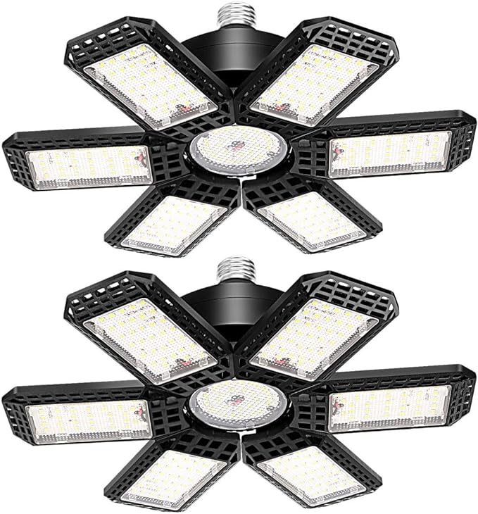 2 Pack LED Garage Light, 200W LED Shop Light, E26/E27 Garage Lights Super Bright Deformable LED Garage Ceiling Light with 6+1 Adjustable Panels Garage Lighting, Bay Light, Attic Light, Basement Light