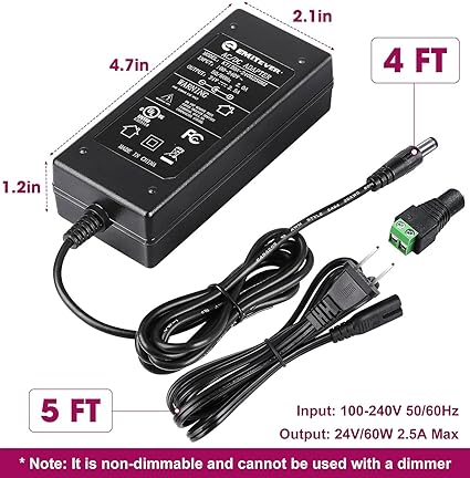 EMITEVER 24V DC LED Power Supply, 60W LED Power Adapter, Lighting Transformers, Input AC 100-240V UL-Listed,Class 2