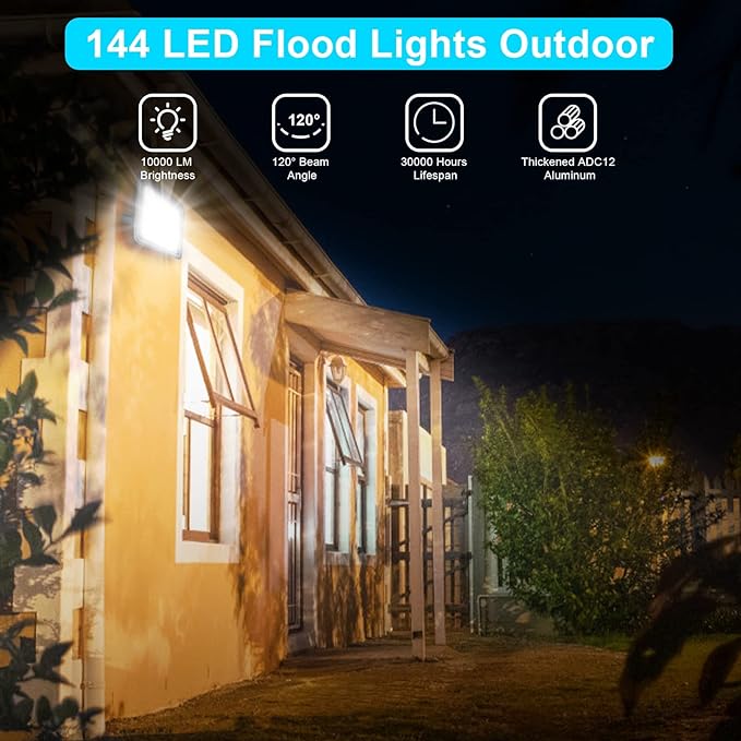 LKXDOV LED Flood Lights Outdoor, 100W 10000LM Outside Work Light with Plug IP66 Waterproof, 6000K Portable Exteriores Security Floodlights for Yard, Garden, Stadium, Playground (2 Pack)