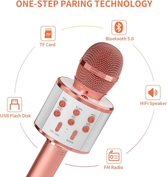 GIFTMIC Kids Microphone for Singing, Wireless Bluetooth Karaoke Microphone for Adults, Portable Handheld Karaoke Machine, Toys for Boys and Girls Gift for Birthday Party (Rose Gold)