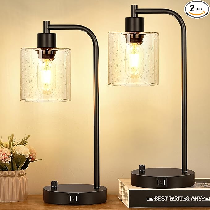 Set of 2 Industrial Table Lamps with 2 USB Port, Fully Stepless Dimmable Lamps for bedrooms, Bedside Nightstand Desk Lamps with Seeded Glass Shade for Reading Living Room Office 2 LED Bulb Included