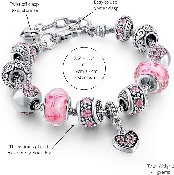 Capital Charms Pink Hearts Silver Plated Charm Bracelet Set, Jewelry Gifts with Beads, Charms, and Adjustable Snake Chain, Fits 7.5"+1.5"