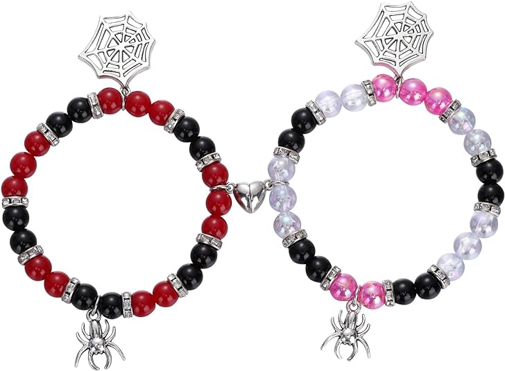 Spider Friendship Bracelets Halloween Christmas Cosplay Costume Accessories Magnetic Couple Relationship Distance Bracelet Heart Energy Stone Beads Metal Anime Charm Pinky Promise Pink Best Friends Distance Matching Bracelet for Halloween