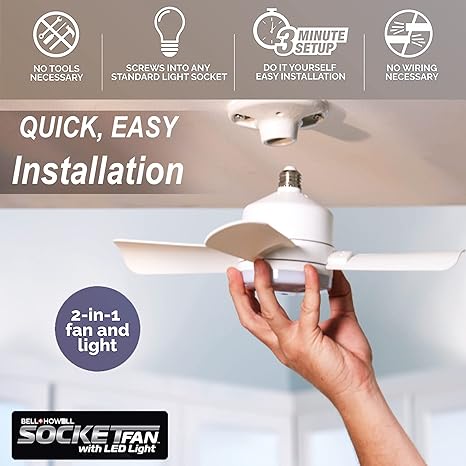 Socket Fan Cool Light E26/E27 Base, Cordless/Wireless with 15.75” Fan and 1,000 Lumen/5,000 Kelvin LED Bulb/Ceiling Fan Replacement for Bedroom, Living Room, Kitchen, Balcony