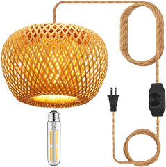 YIIZON Plug in Pendant Light Fixture with Hand Woven Bamboo Lamp Shade Dimmer Switch Hanging Lights with Plug in Cord Boho Wicker Rattan Hanging Lamp for Living Dinning Room Bedroom Kitchen Island