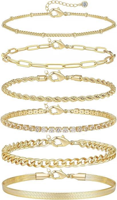 6Pcs Gold Ankle Bracelets for Women, 14K Gold Anklets for Teen Girls, Waterproof Cuba Paperclip Anklets for Christmas Gifts, Gold Stackable Anklets Set, Adjustable Link Anklets with Rhinestone