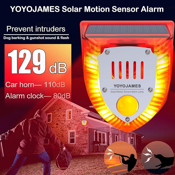 Solar Motion Sensor Alarm Light - Dog Barking&Gunshot Sound 129db,Outdoor IP55 Waterproof Motion Detector Alarm for Home, Villa,Farm,Barn,Yard,Chicken coop