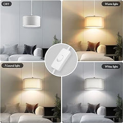 Plug in Pendant Light, 15FT White Cord Hanging Lights with Plug in Cord, Hanging Light with On/Off Switch, Double Linen Shade Fabric Design, Pendant Llight Fixture for Bedroom Living Room Restaurant