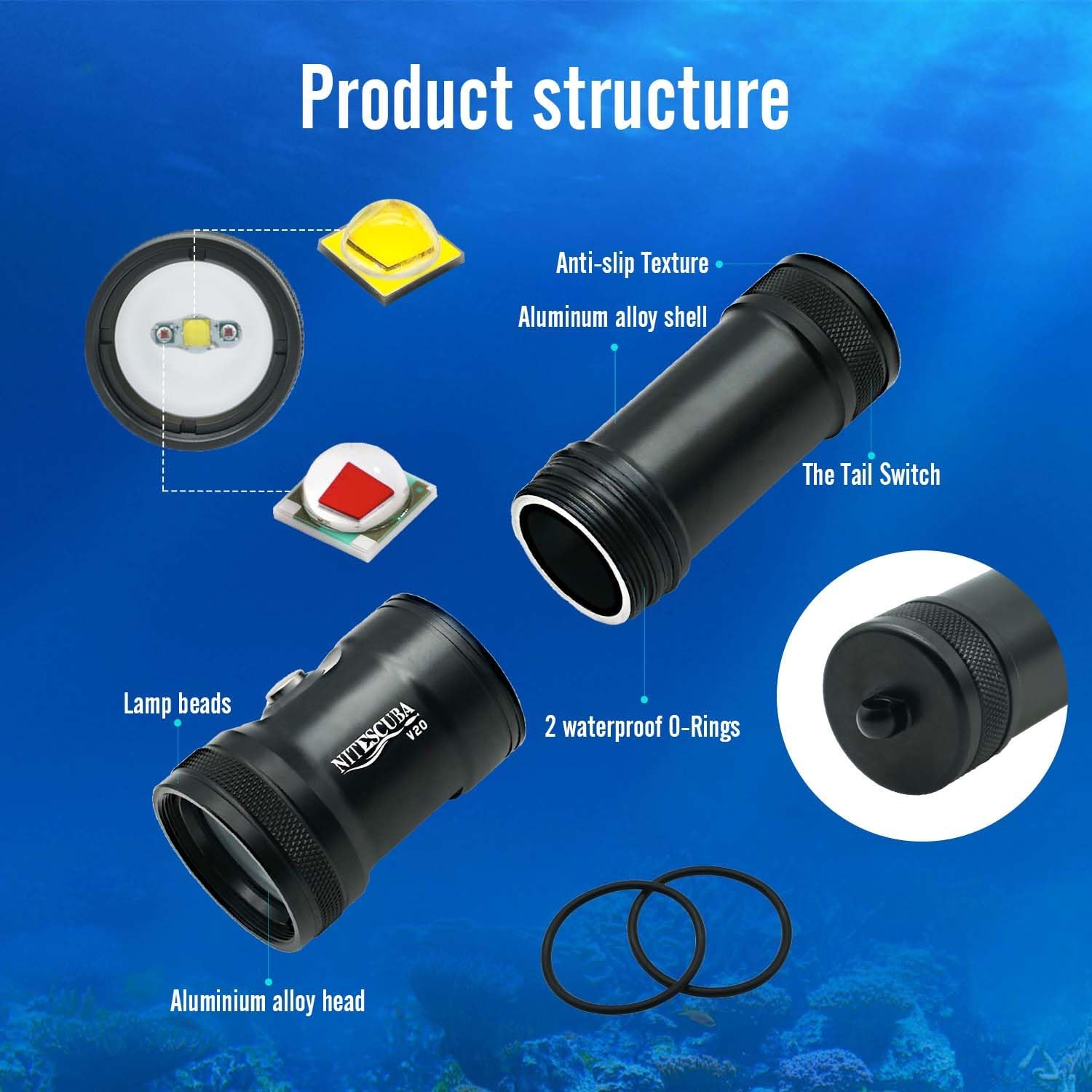 Dive Video Light 2000 Lumen Dive Photography Camera Light for gopro Dive LED Flashlight lamp, 100M/330FT Underwater Flood Light with White Beam red Beam Battery Rechargeable Torch NiteScuba V20