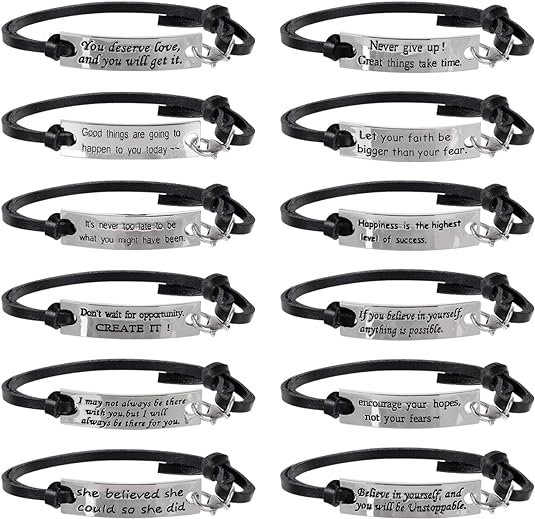 AleapDoll Christmas Stocking Stuffers Gifts 12 Pcs Bulk Inspirational Gifts Leather Bracelets for Women Girls Motivational Quotes Message Encouragement Cuff