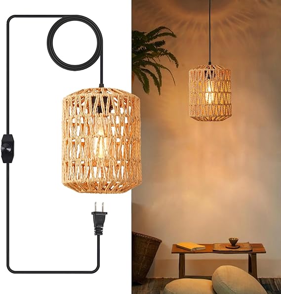 YXTH Plug in Pendant Light, Rattan Hanging Lights with Plug in Cord 15ft Dimmable Cord, Hand Woven Wicker Lampshade Hanging Lamp, Boho Plug in Hanging Ceiling Light Fixture for Farmhouse Bedroom