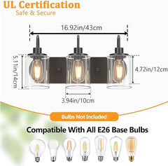 Baocuz 3-Light Bathroom Light Fixtures, Black Vanity Light Farmhouse Wall Sconces with Clear Glass Shade, Modern Bathroom Wall Lamp for Mirror Bedroom Hallway Living Room Cabinet