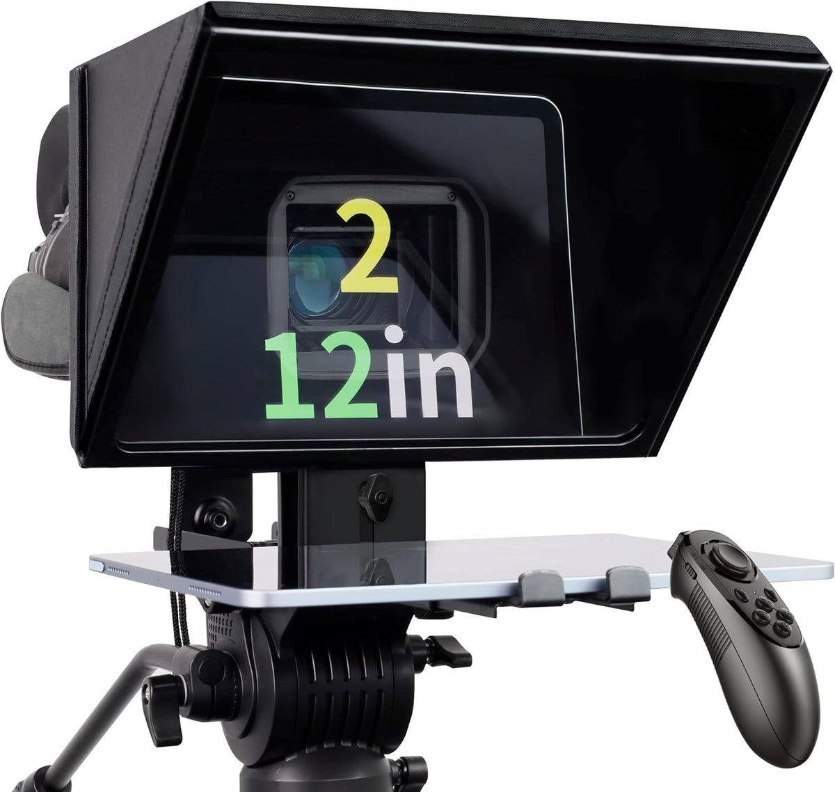 ILOKNZI i2/12inch/Black, Liftable Teleprompter with Remote Control and app Metal for 12.9" Tablets with Adjustable Tempered Optical Glass Supports Webcam Wide Angle Camera Lens Studio Make Videos