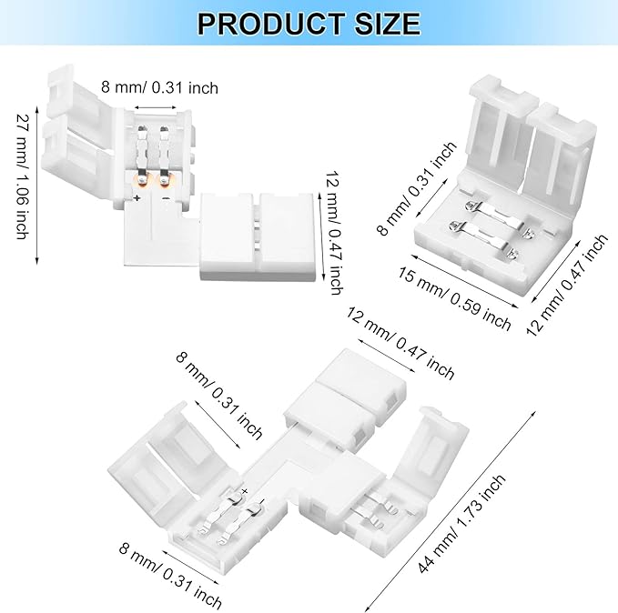 40 Pieces 2 Pin LED Strip Connectors Lights Connector T Shape L Shape Gapless Solderless Connectors LED Adapter Light Extension Connectors for 3528 2835 SMD RGB LED Strip Light (8 mm)