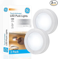 GE Wireless LED Puck Lights, 2 Pack, Battery Operated, 20 Lumens, Touch Light, Tap Light, Stick on Lights, Under Cabinet Lighting, Ideal for Kitchen Cabinets, Closets, Garage and More, 25434,White