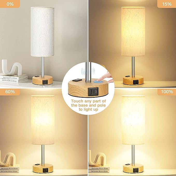 Bedside Table Lamp for Bedroom Nightstand - 3 Way Dimmable Touch Small Lamp USB C Charging Ports and AC Outlet, Wood Base Round Flaxen Fabric Shade for Living Room, Office Desk, LED Bulb Included