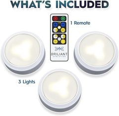 Brilliant Evolution Wireless LED Puck Lights with Remote Control, 3 Pack - Under Cabinet, Closet Light - Battery Powered - Under Counter Lighting - Stick On Lights - Under Counter Lights