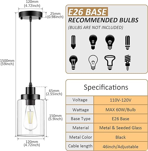 WimiSom Industrial Pendant Lighting, Modern Clear Glass Shade Farmhouse Adjustable Hanging Light Fixtures for Kitchen Island Living Room Bedroom Hallway, 3-Pack