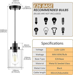 WimiSom Industrial Pendant Lighting, Modern Clear Glass Shade Farmhouse Adjustable Hanging Light Fixtures for Kitchen Island Living Room Bedroom Hallway, 3-Pack