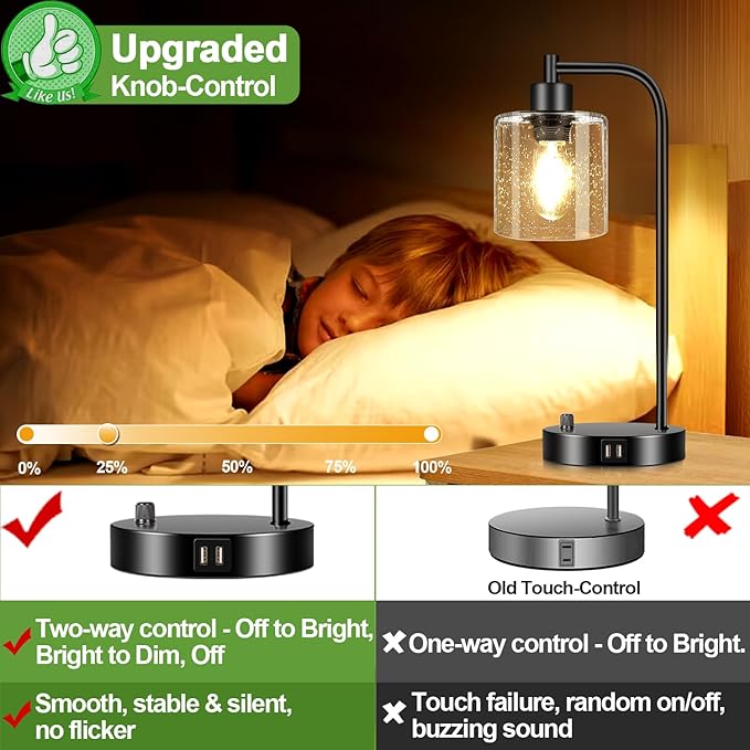 Set of 2 Industrial Table Lamps with 2 USB Port, Fully Stepless Dimmable Lamps for bedrooms, Bedside Nightstand Desk Lamps with Seeded Glass Shade for Reading Living Room Office 2 LED Bulb Included