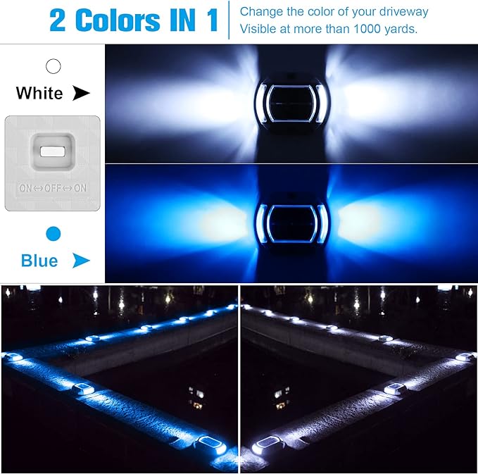 VOLISUN Solar Driveway Lights Dock Deck Lights 12 Pack,2 Colors in 1, LED Solar Powered Waterproof Outdoor Warning Step Lights for Driveway Sidewalk Pathway (2 Colors Lighting,White/Blue)