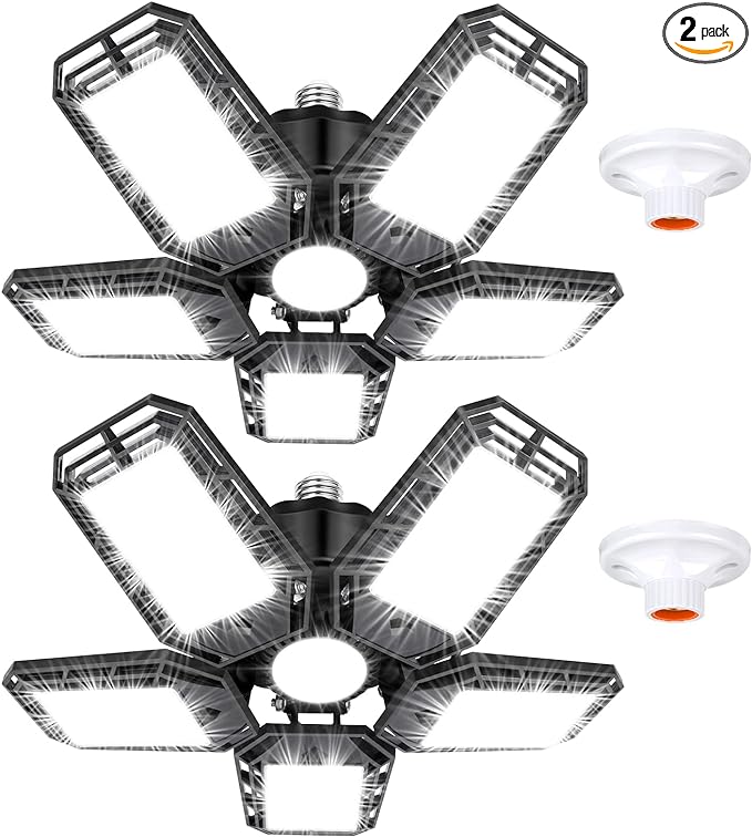 Luyata 2 Pack LED Garage Lights, 160W 16000LM 6500K Deformable LED Garage Ceiling Light Shop Lights with 5 Adjustable Panels for Garage Workshop Basement Support E26/E27 Screw Socket