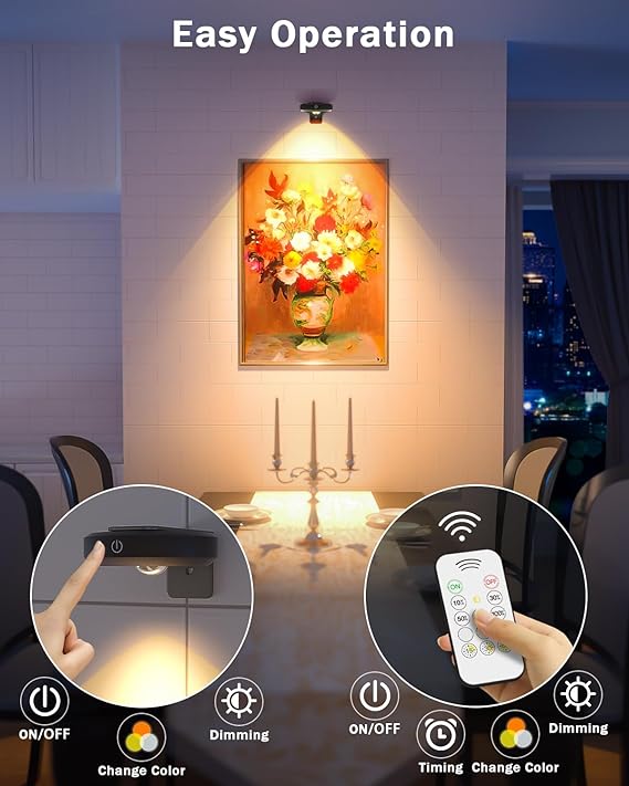 WILLED Picture Lights for Wall, 1200mAh Rechargeable Battery Operated Picture Frame lights, Puck Lights with Remote, Dimmable & Timer Art Lighting for Paintings Wireless, Magnetic Gallery Light/3 Pack