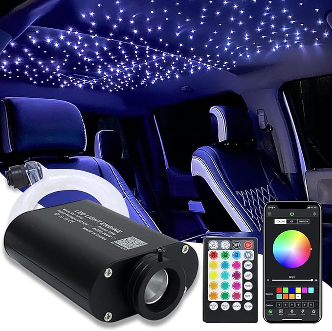 AMKI 16W Fiber Optic Lights,Starlight Headliner Light Kit APP/Remote Control Sound Activated Mode for Car&Home Decoration,Optical Fiber Cable Strands 0.75mm/0.03in 6.5ft/2m 300pcs
