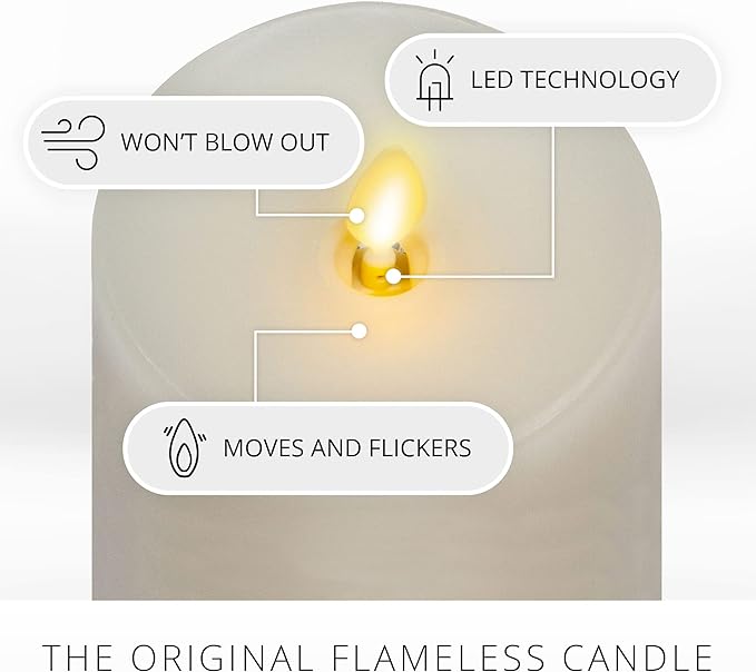 Luminara Realistic Artificial Moving Flame Pillar Candles - Set of 3 - Melted Top Edge, LED Battery Operated Lights - Unscented - Remote Included- 3" x 4.5", 3" x 5.5", 3" x 6.5" (White)