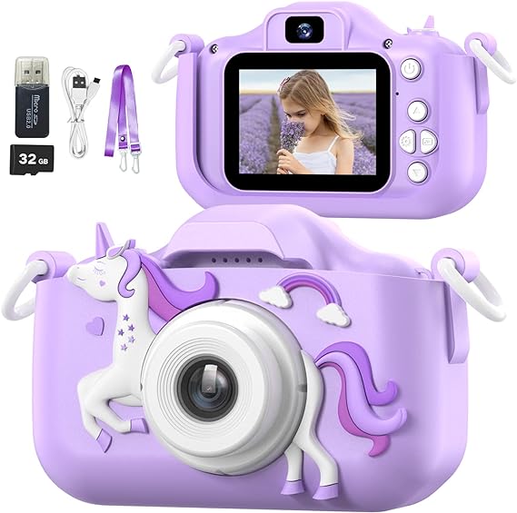 Mgaolo Children's Camera Toys for 3-12 Years Old Kids Boys Girls,HD Digital Video Camera with Protective Silicone Cover,Christmas Birthday Gifts with 32GB SD Card (Purple)