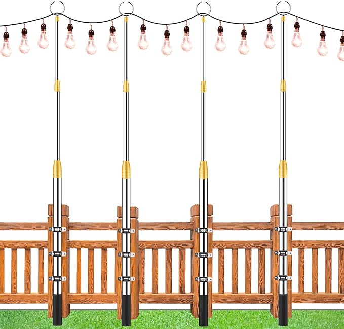 Lechansen 4pack Strings Light Poles for Outside,Adjustable Patio Lights Pole 3.8ft to 9.8ft,Outdoor Garden Backyard Parties Wedding Hanging Lighting,Waterproof Stainless Stand for Fence/Post/Deck