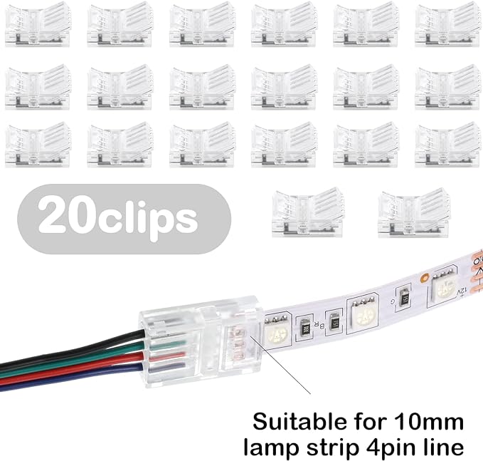 RGB LED Light Strip Connectors 20 Waterproof LED Adapter Connectors Transparent Solderless LED Light Strip Connectors for Strip Light Unwired Gapless Track Lighting Connector 5V 12V 24V (4 Pin, 10 mm)