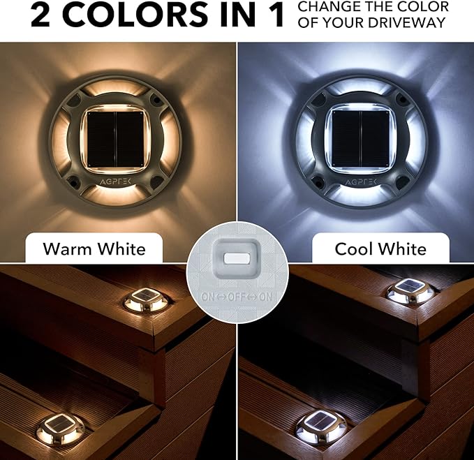 AGPTEK Solar Driveway Lights Outdoor, Solar Deck Lights 2 Color Modes Dock Lights Waterproof Driveway Markers Step Lights 12-Pack for Sidewalk Stair Garden Pathway Walkway Yard(Warm White/Cool White)