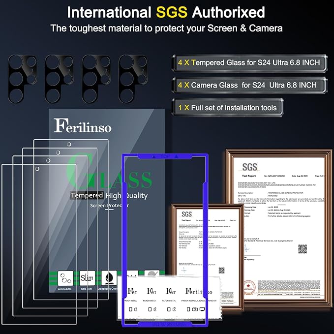 Ferilinso 4 Pack Screen Protector for Samsung Galaxy S24 Ultra with 4 Pack Tempered Glass Camera Lens Protector Phone Case Friendly Accessories Protector de Pantalla for Samsung S24 Ultra 6.8 INCH